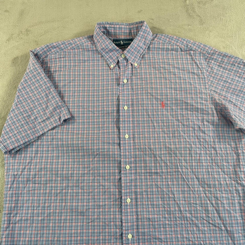 Vintage Polo Ralph Lauren‎ Oxford Shirt Men XL Blue Pink Plaid Pony Preppy SS